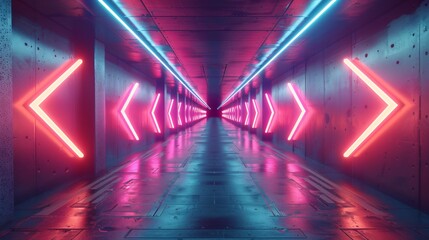 Neon lit hallway with tiled floor
