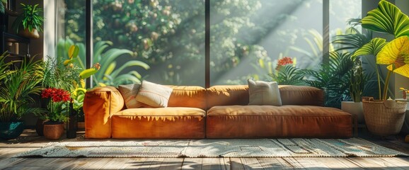 Minimal Sofa Located By The Window With A Garden View, A 3D Render That Combines Comfort And Natural Beauty