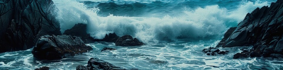 Obraz premium A dramatic image of powerful ocean waves crashing against rugged rocks during a stormy day. The scene is perfect for adventure tourism companies and surf schools. Generative AI