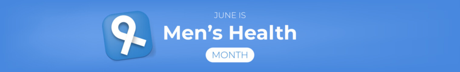 Mens health month concept wide horizontal banner design template with blue ribbon and text isolated on blue background. June is national mens health awareness month vector wide flyer or poster