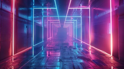 Neon-lit corridor with brick floor