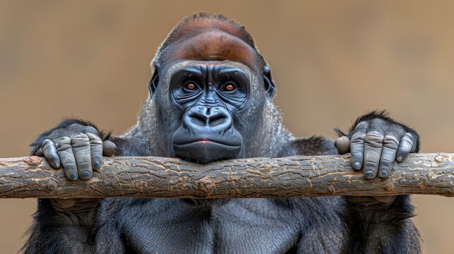 Powerful gorilla hands gripping branch in close up, primate s strong grip on tree in detailed view