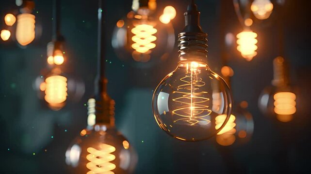 Lightbulbs glowing. Hanging Swinging flickering Light Bulb in a Dark Room on dark Background. Old Edison tungsten incandescent shining on and turning off. Energy crisis. Electricity. Power outage. 4k