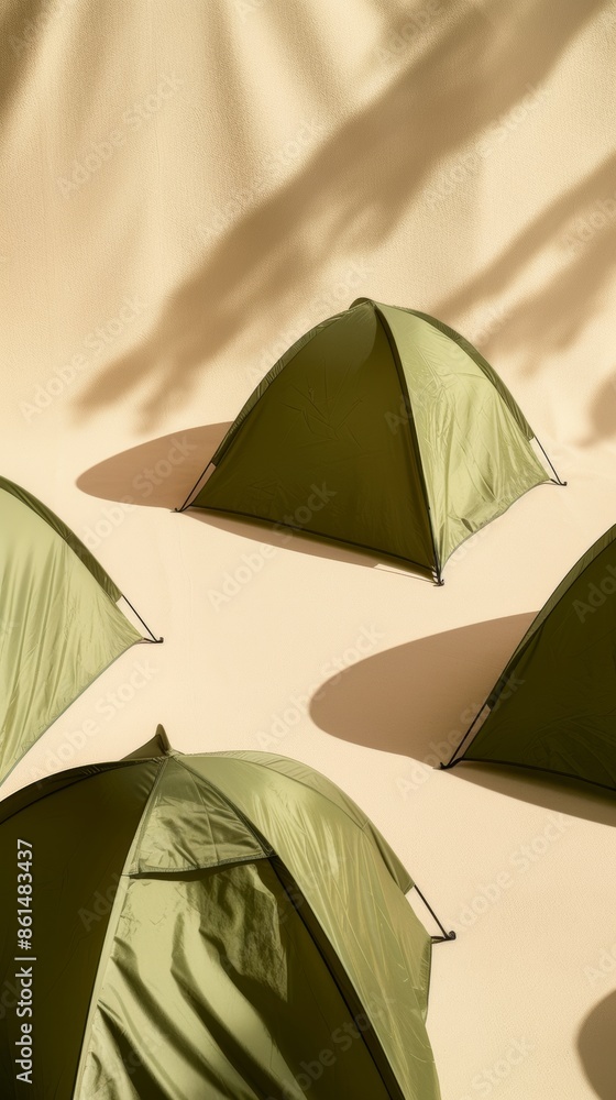 Poster Sunlit Array of Green Tents on Beige Background A Study in Monochrome and Minimalism