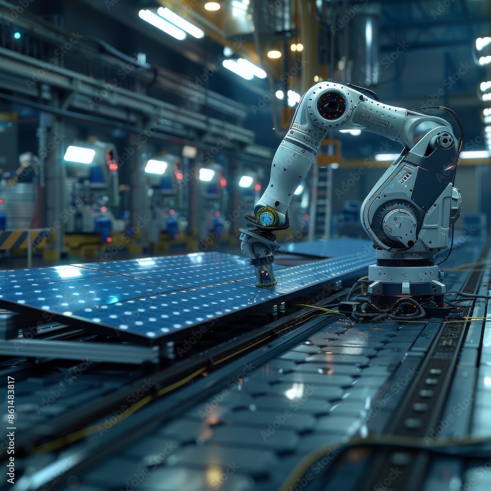 Poster robotic arm working in modern industrial factory, handling and assembling parts on automated product