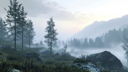 A misty mountain scene with trees, seen from a wide angle in the early morning.