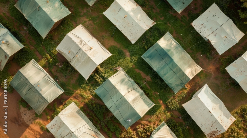 Poster symmetrical aerial view of abundant green tents arranged in intricate geometric patterns on textured