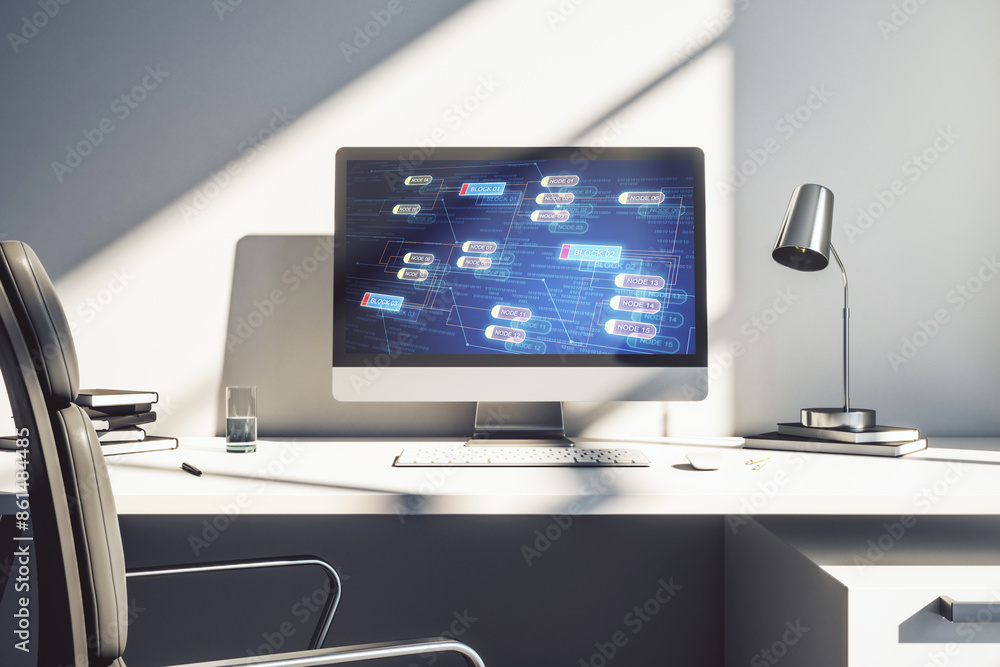 Poster Abstract creative coding illustration on modern computer monitor, software development concept. 3D Rendering