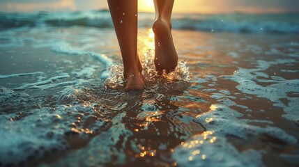 Fototapeta premium Sun-Kissed Steps On The Sandy Shore As The Waves Retreat. Generative AI