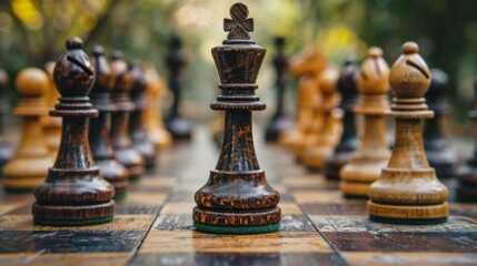 Fototapeta premium A close-up view of a chessboard with pieces set up for a game.