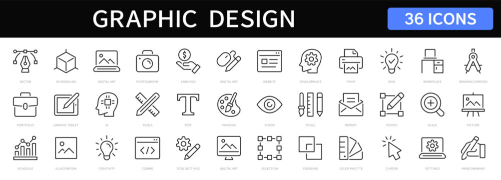 Graphic design thin line icons set. Graphic design editable stroke icons. Vector illustration. Digital art, creativity, drawing, portfolio, idea symbol
