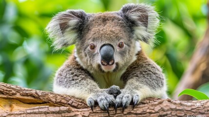 Naklejka premium Detailed close up of a koala s eyes and nose on a eucalyptus tree trunk in its natural habitat