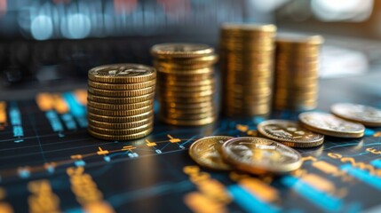 Stacks of gold coins and scattered individual coins on a financial market graph, indicating financial stability and investments.