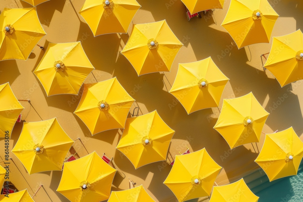 Poster vibrant aerial view of symmetrical yellow beach towels creating geometric pattern