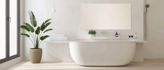 Fototapeta premium Modern Minimalist Bathroom with Freestanding Tub and Large Window for Natural Light