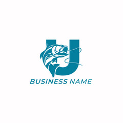 design logo creative letter U and fishing salmon
