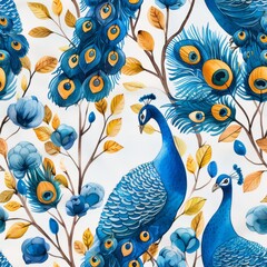 Obraz premium Peacocks, seamless pattern, small scale pattern, hand drawn flat art, watercolor, clean illustration, white background 