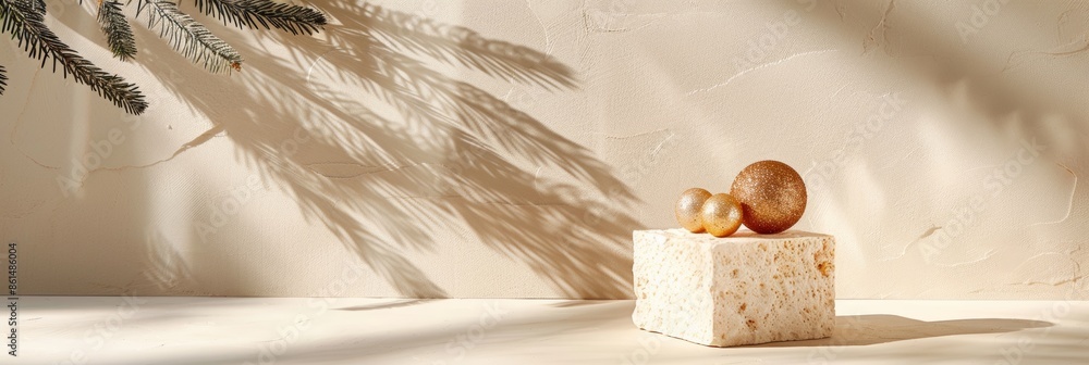 Poster elegant holiday display with small christmas tree and festive ornaments on stone podium, soft lighti