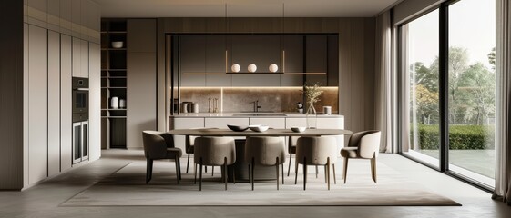 Modern Luxury Kitchen and Dining Area with Minimalist Design and Large Windows Overlooking Garden