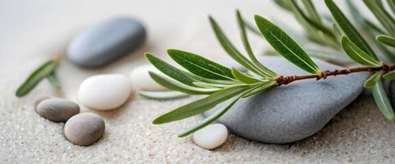 Minimalist sage twig and pebble rocks on sand, botanical background. Generative AI