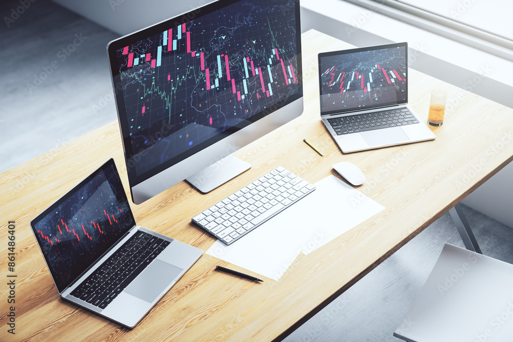 Poster creative abstract global crisis chart with world map sketch on modern laptop monitor, falling market
