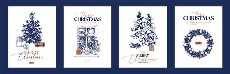 Merry Christmas hand drawn greeting cards set