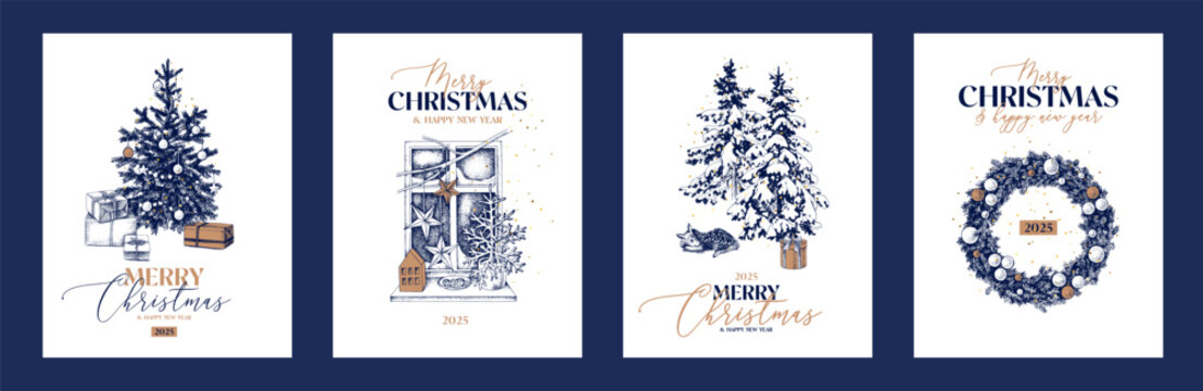 Merry Christmas hand drawn greeting cards set