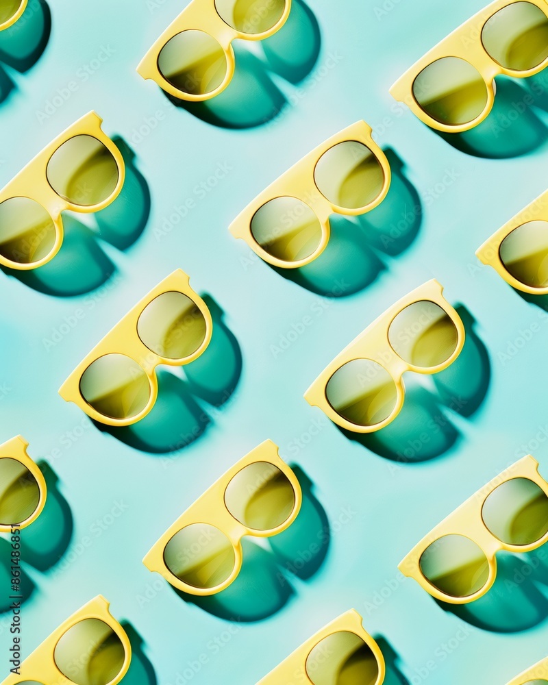 Poster vibrant pattern of yellow sunglasses on turquoise background - bright, sunny day theme with shadows 