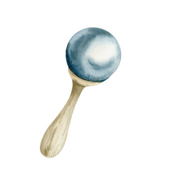 recommend clip art: New born baby wooden rattle watercolor illustration. Hand drawn blue vintage newborn toy, playing tool painting for poster, card, invitation, birthday party baby shower design
