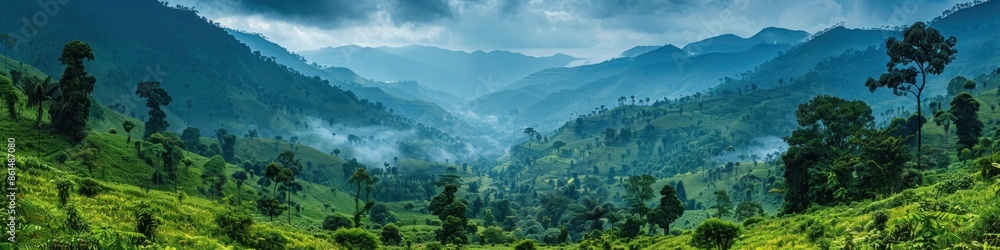 Wall mural panoramic view of misty green mountains