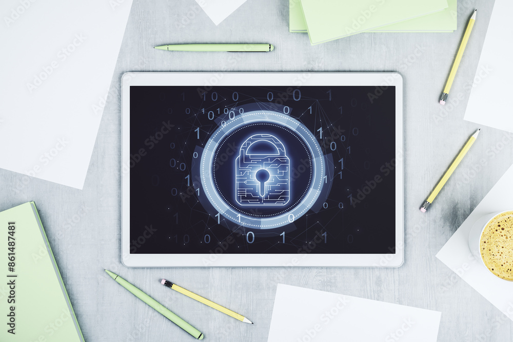 Leinwandbilder top view of modern digital tablet monitor with creative lock hologram and chip. information security