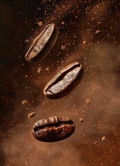 Coffee beans floating in the air each one broken into pieces and flying away