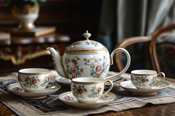 Three cups and teapot on table