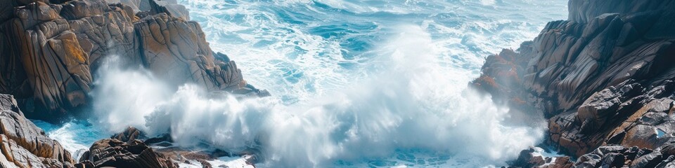Obraz premium A dramatic scene of powerful ocean waves crashing against picturesque rocks, creating a dynamic and adventurous feel. Generative AI