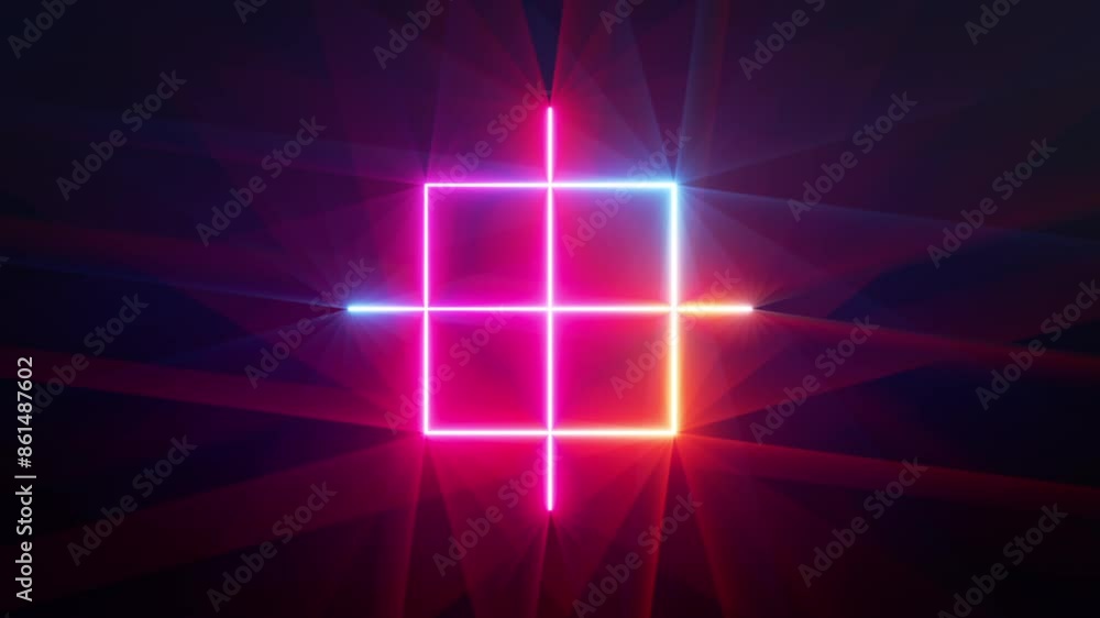 Aufkleber 3d looping animation of a spinning neon geometric shapes. linear square and crossed lines rotate ove