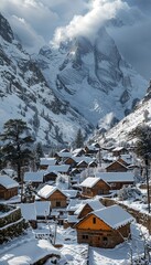 a snowy village with a mountain in the background