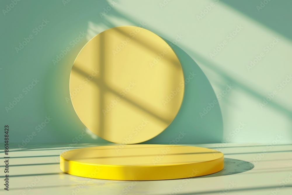 Aufkleber minimalist mockup with yellow podium on turquoise background, soft lighting and monochromatic scheme