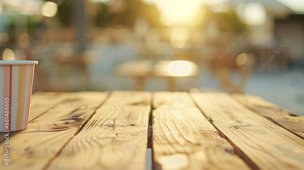 Poster sunny beachside setting with rustic beige wooden table for product display, evoking summer vibes