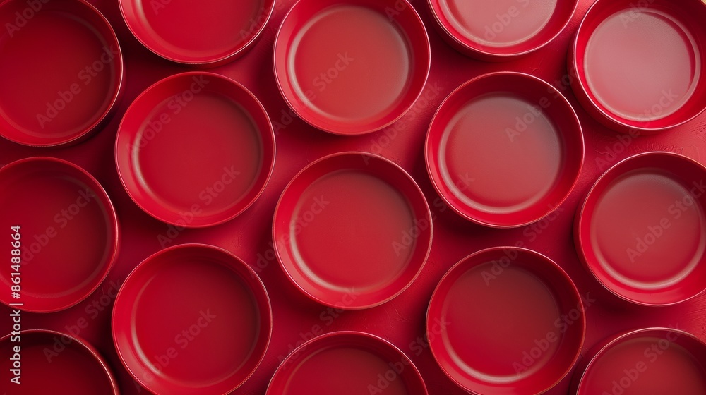 Poster aerial view of red campfire skillets arranged in geometric pattern, highlighting symmetry and depth