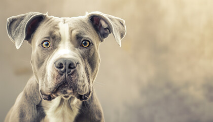 A gray dog with expressive eyes, looking directly at the camera, evoking a sense of loyalty and companionship