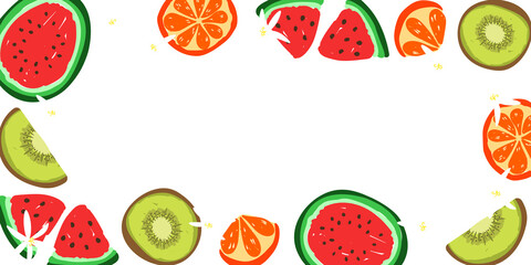 Summer Background, Fruits Frame, Border, Watermelon, Kiwi, Flowers, Orange