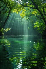 Obraz premium A Sunrays filter through the canopy in a mystical forest, creating a serene and magical atmosphere around the calm waters below
