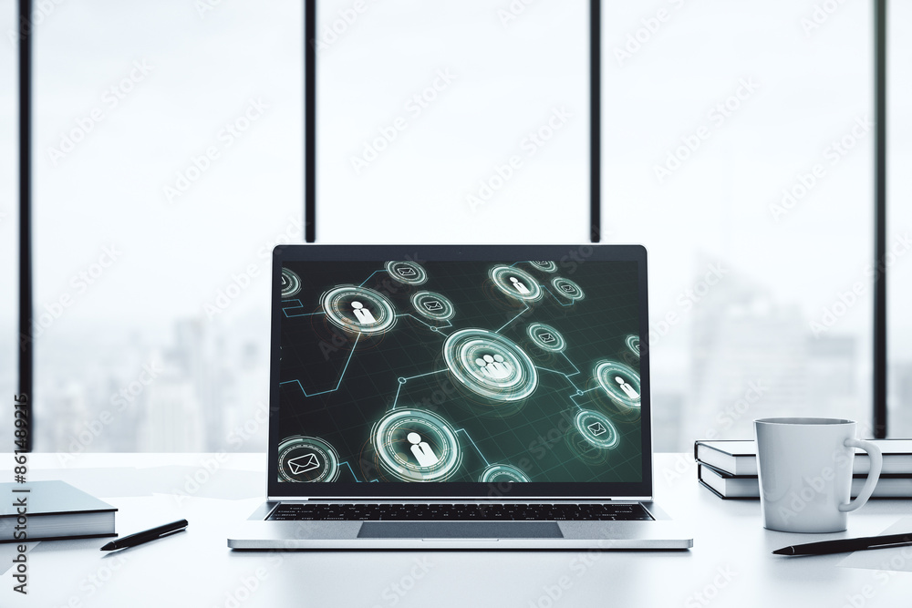 Poster social network concept on modern laptop screen. 3d rendering