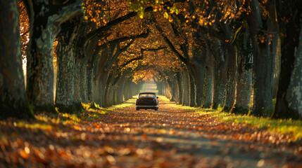 A vintage car driving on dirt road in countryside with colorful Autumn woods