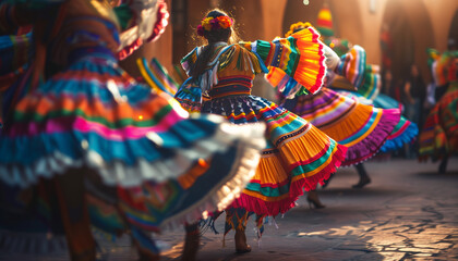 Vibrant traditional dancers in colorful attire twirl energetically, capturing the lively spirit and...