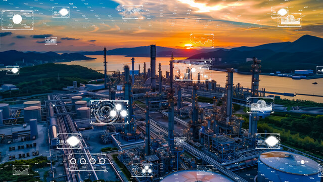 Refinery with digital data visualization, heavy industry digital transformation concept.