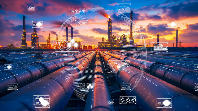 Refinery with digital data visualization, heavy industry digital transformation concept. - Powered by Adobe