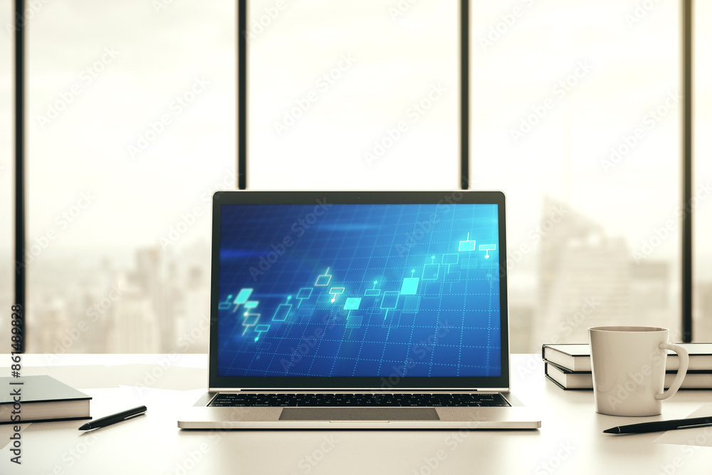 Poster Modern computer monitor with abstract creative financial chart, research and strategy concept. 3D Rendering