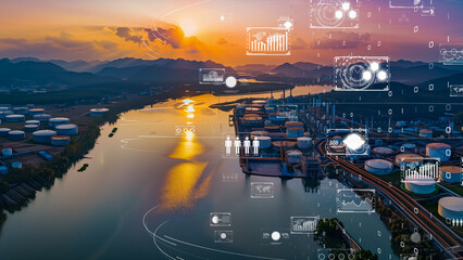 Refinery with digital data visualization, heavy industry digital transformation concept.
