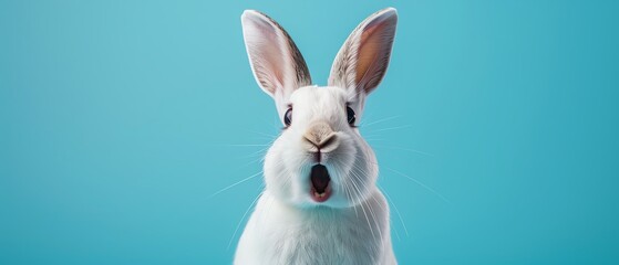 White rabbit with a surprised expression, plain blue background